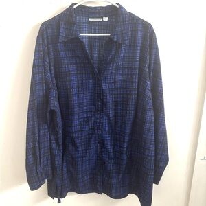Coldwater Creek Abstract Plaid Shirt Blue Black 3X Button Up Career Office